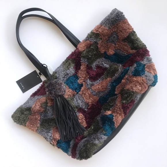 NWT Zara hand made fuzzy colorful tote - Picture 2 of 7